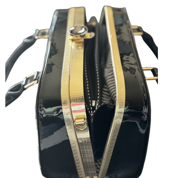 Black Vinyl Floral Handbag with Oversized Jewel-Encrusted Buckle - Picture 8 of 16